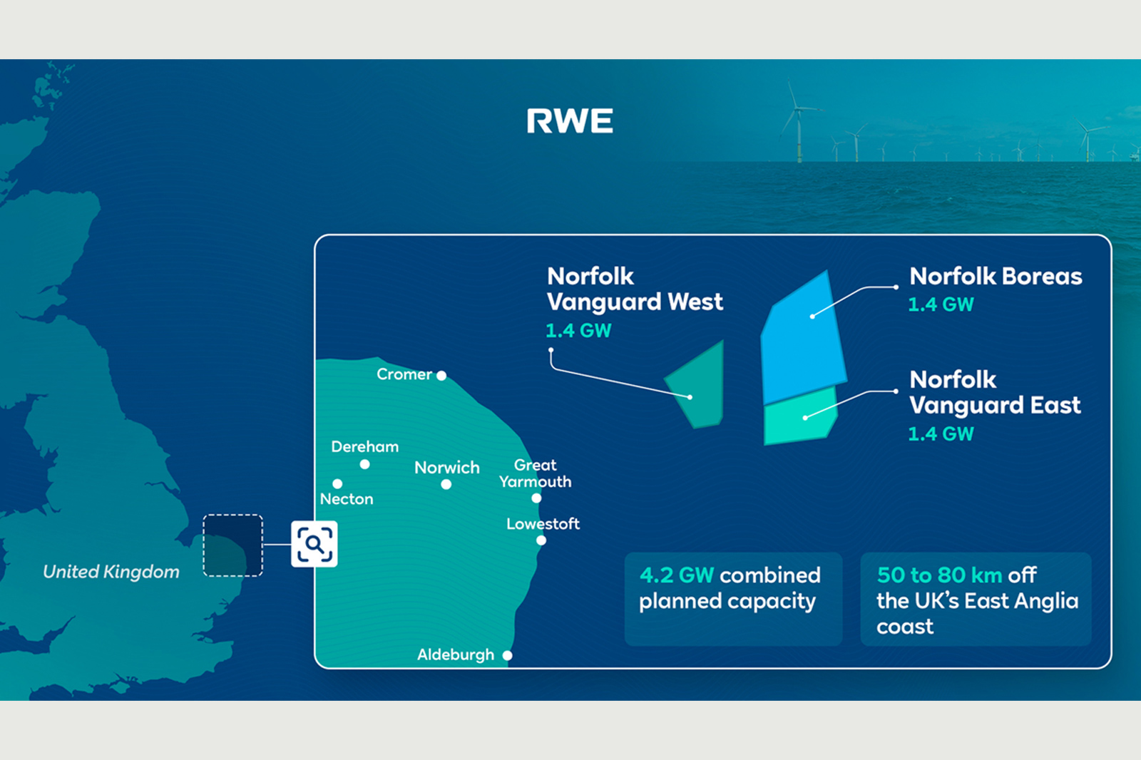 A map of RWE's wind energy projects in Norfolk, UK, showing planned capacities and locations.