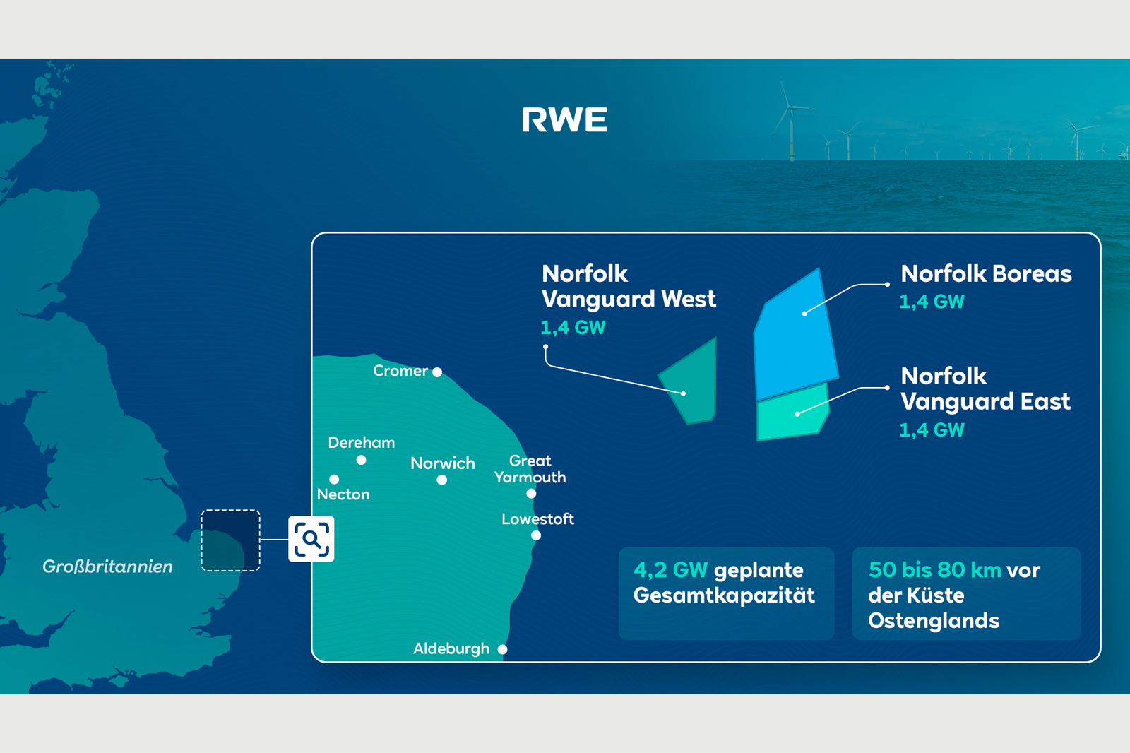 Karte zeigt die Details des Norfolk Vanguard Projekts von RWE, einschließlich geplanter Kapazität und Standorte von Windparks.