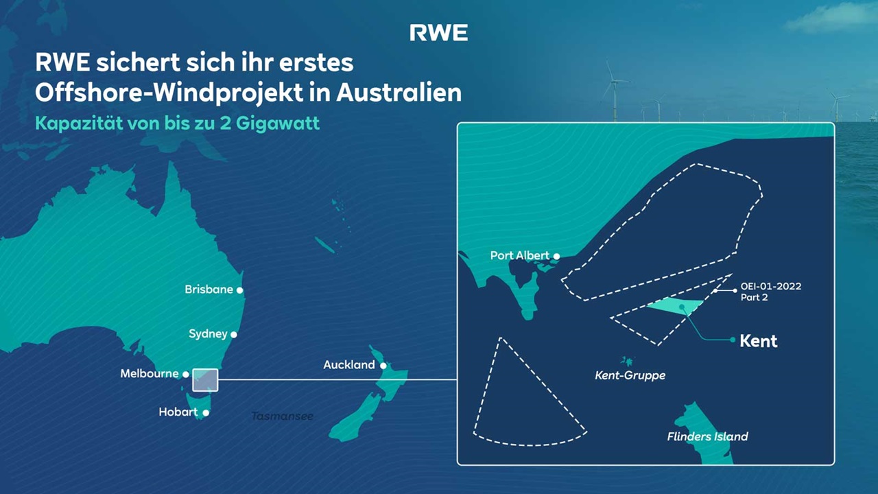RWE sichert ihr erstes Offshore-Windprojekt in Australien. Eine Karte zeigt Melbourne, Port Albert und die Windkraftzone.