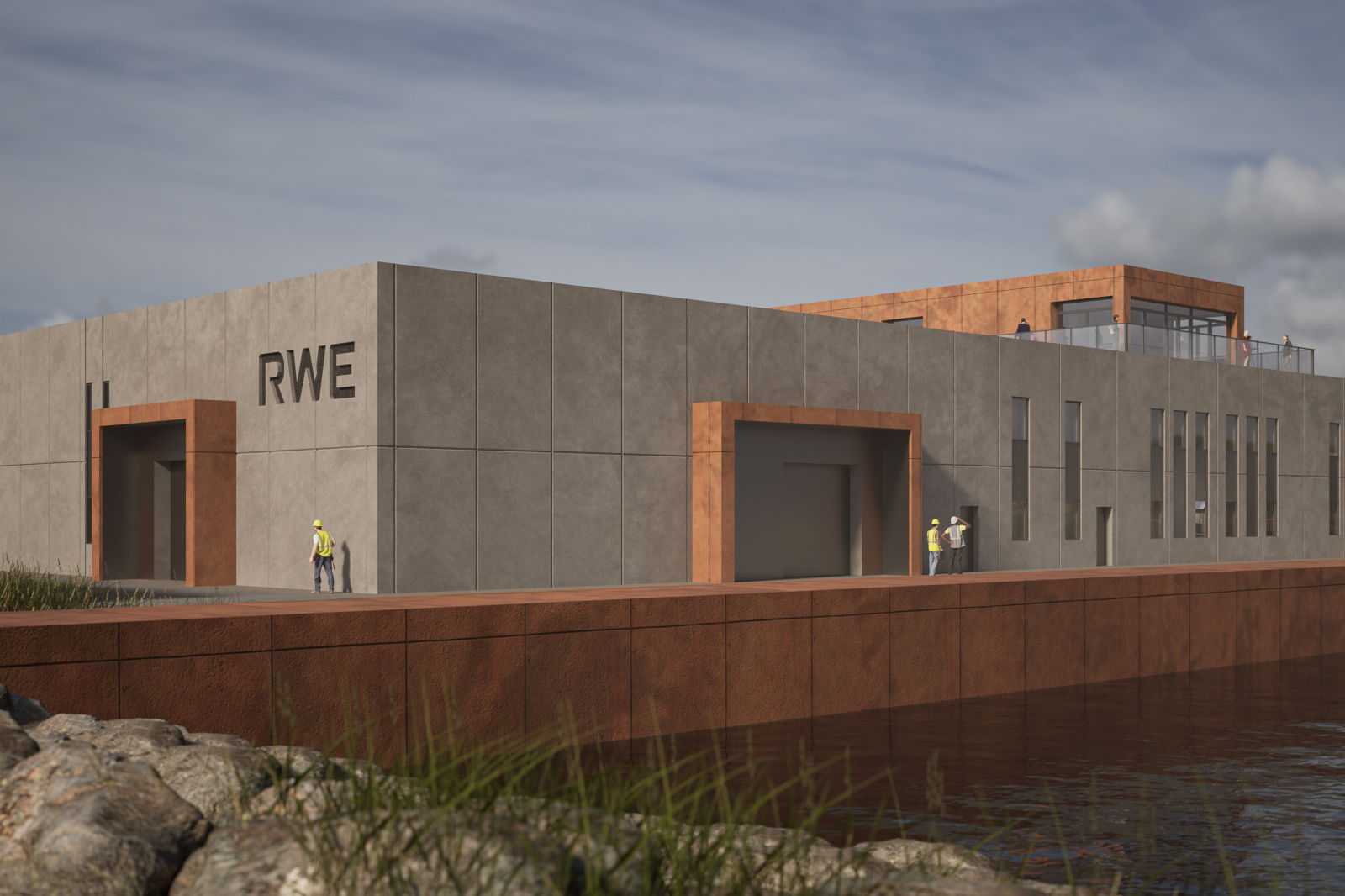 A modern industrial building with the letters RWE. Workers in yellow helmets are on-site by a water edge, with grass and rocks nearby.