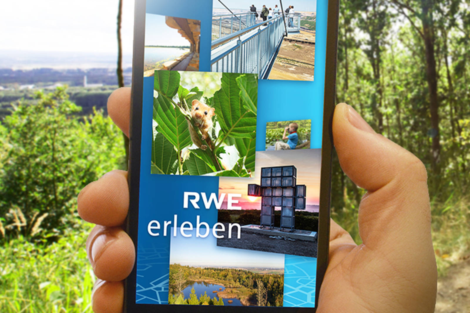 Eine Hand hält ein Smartphone, das verschiedene Bilder zu Natur und Erkundung mit dem Text 'RWE erleben' zeigt.
