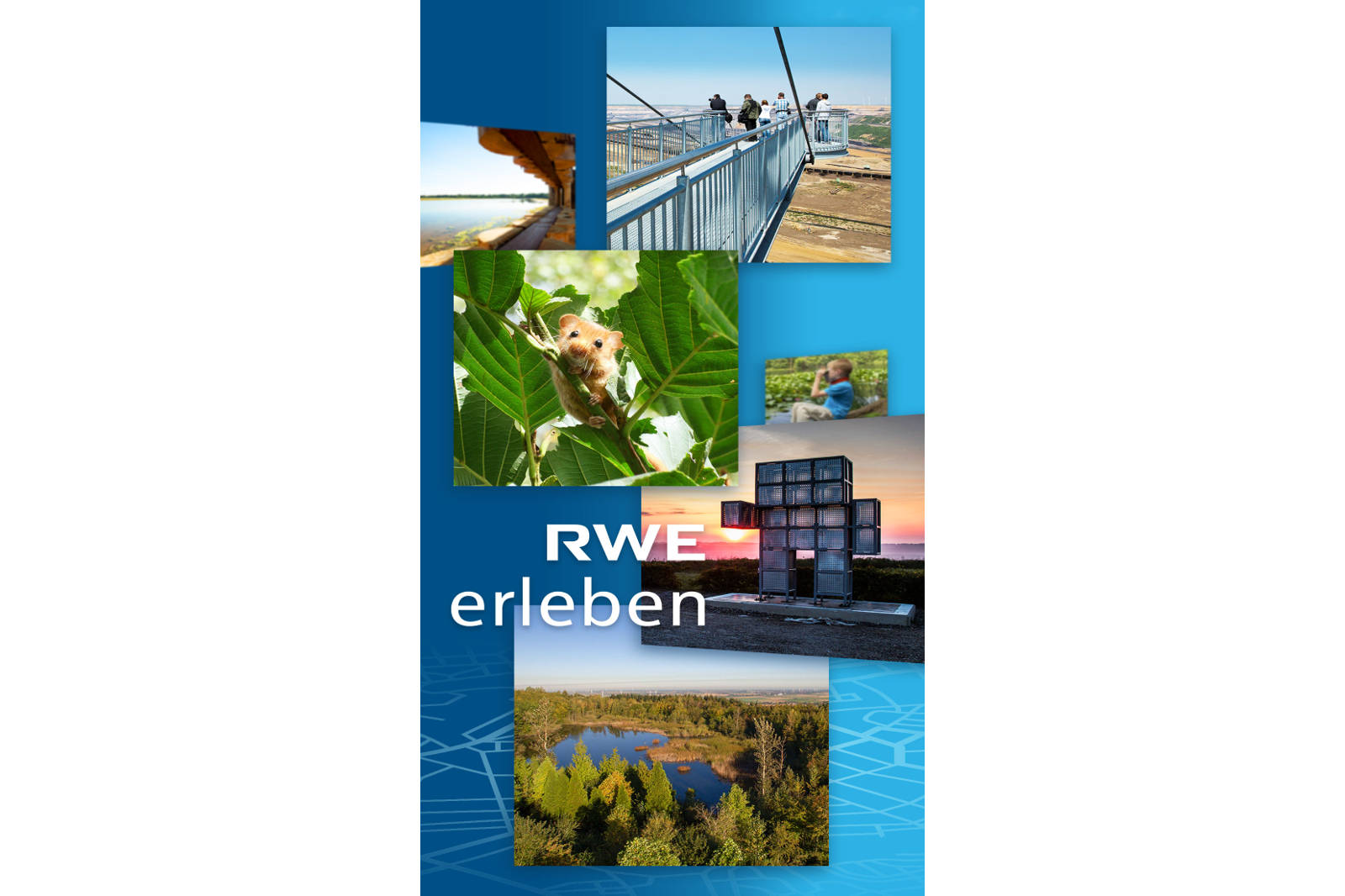 Eine Collage, die Natur, Freizeit und eine künstlerische Struktur zeigt, mit dem Schriftzug 'RWE erleben' deutlich sichtbar.
