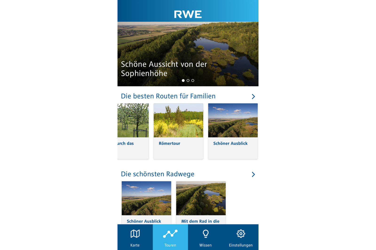Screenshot der RWE-App mit schönen Landschaftsansichten und Auswahlmöglichkeiten für Touren und Radwege.