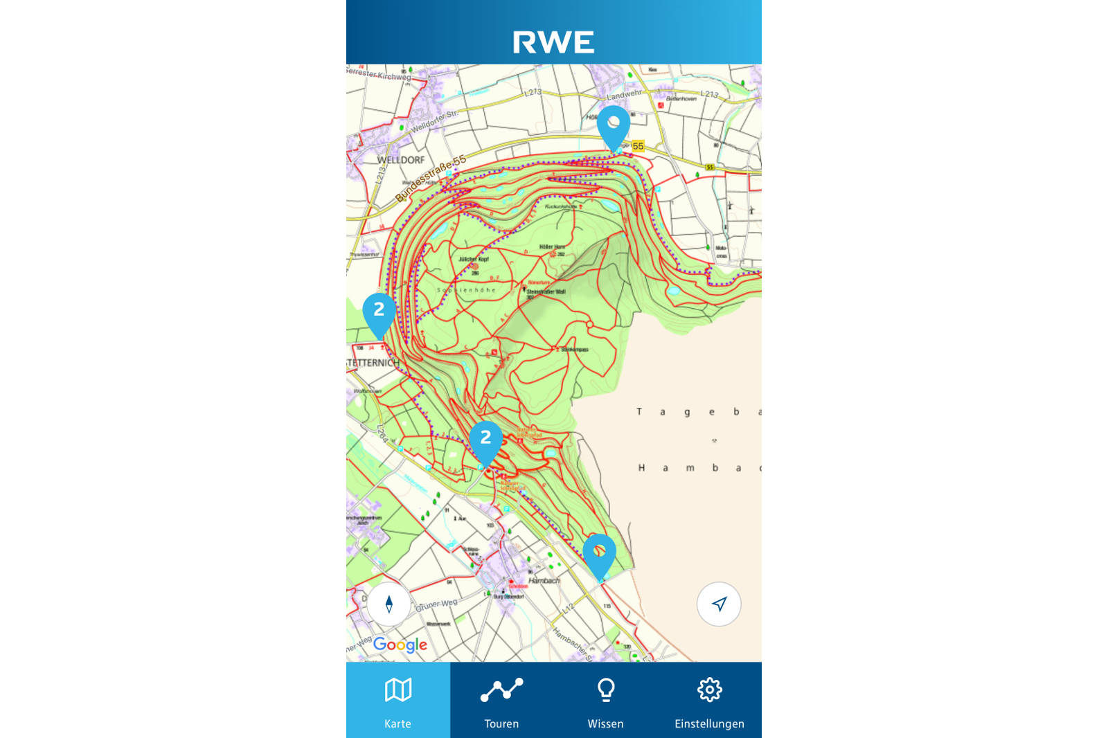 Eine Karte, die Wanderwege mit Höhenlinien, markierten Standorten und verschiedenen Kartenelementen in einer mobilen App-Oberfläche zeigt.