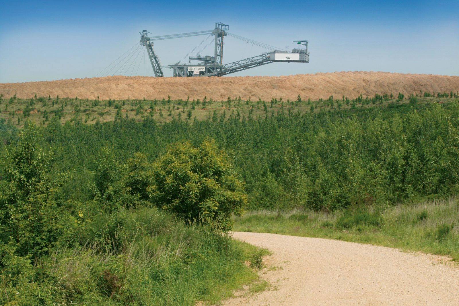 Eine große Baggermaschine auf einem sandigen Hügel, umgeben von grünen Bäumen und einem Schotterweg, der in die Landschaft führt.