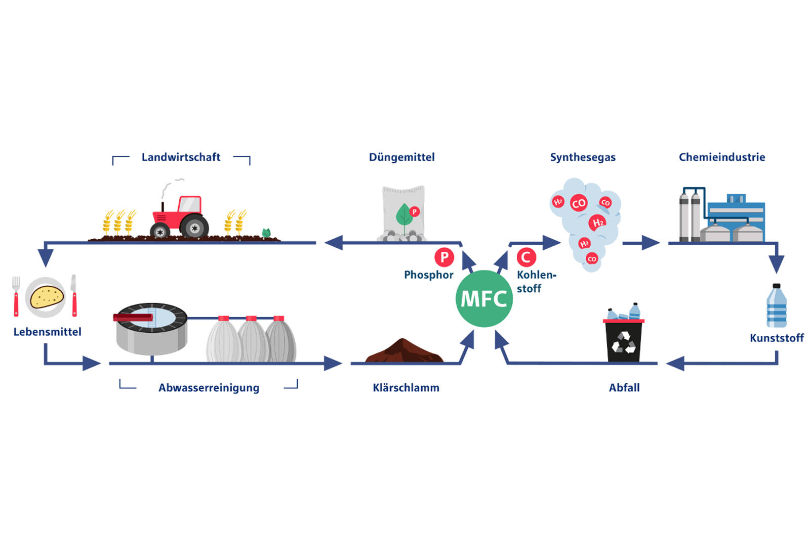 Ein Flussdiagramm, das die Beziehung zwischen Landwirtschaft, Lebensmittelproduktion, Abwasserreinigung und Chemieindustrie zeigt.