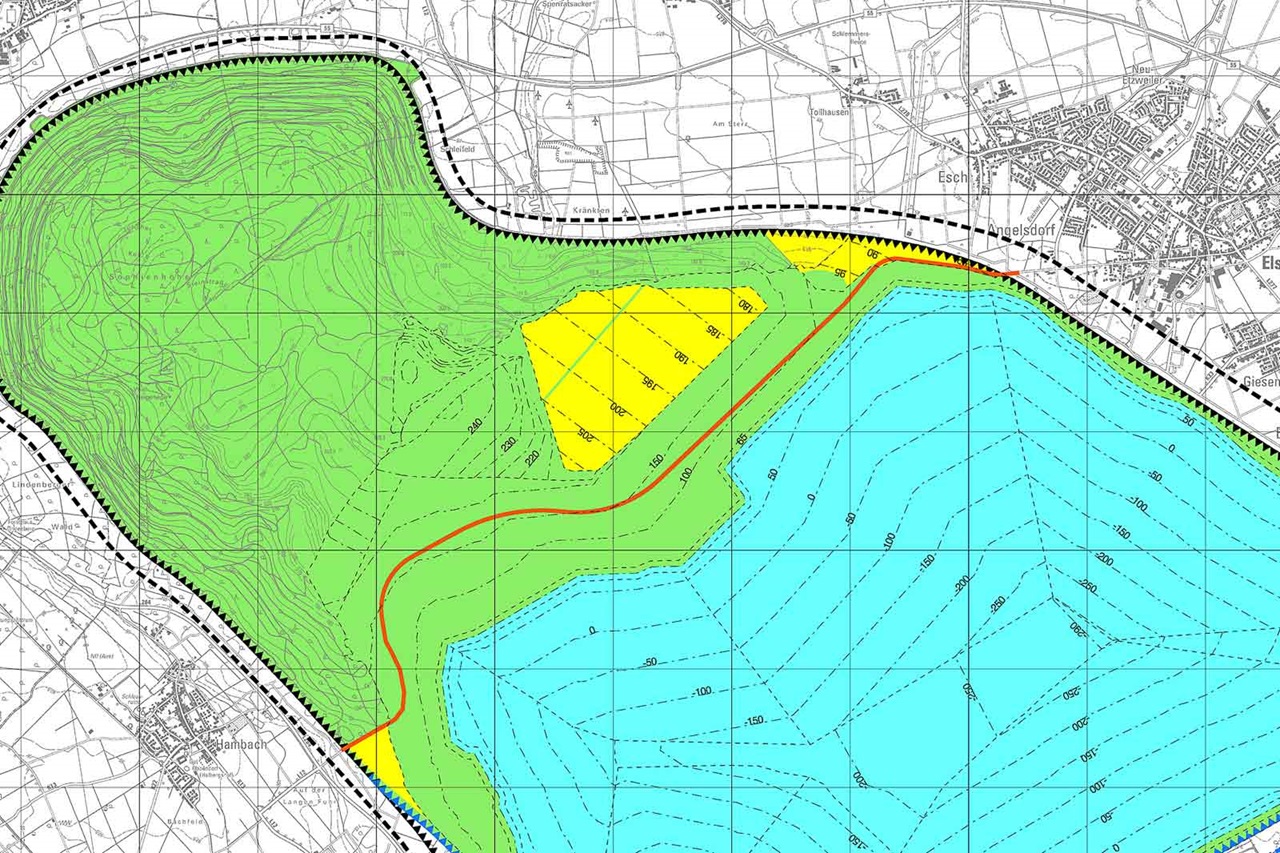 Eine detaillierte topografische Karte, die Landkonturen, Wassertiefen und Höhenlagen in verschiedenen Farben zeigt, einschließlich Grün, Gelb und Blau.
