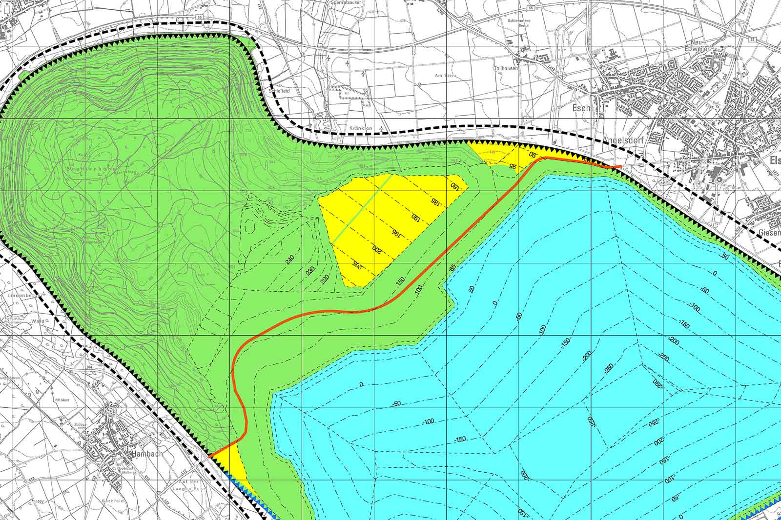 Eine detaillierte topografische Karte, die Landkonturen, Wassertiefen und Höhenlagen in verschiedenen Farben zeigt, einschließlich Grün, Gelb und Blau.