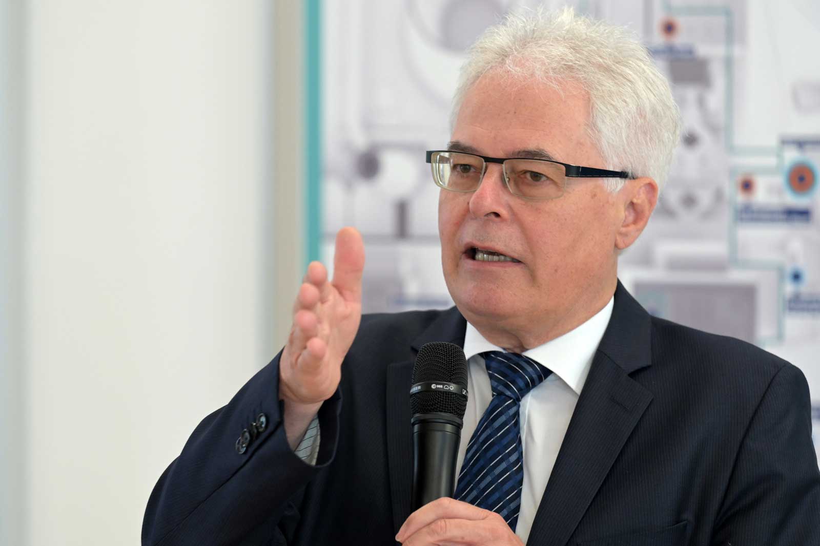 Ein Redner in formeller Kleidung gestikuliert und hält ein Mikrofon während einer Präsentation.