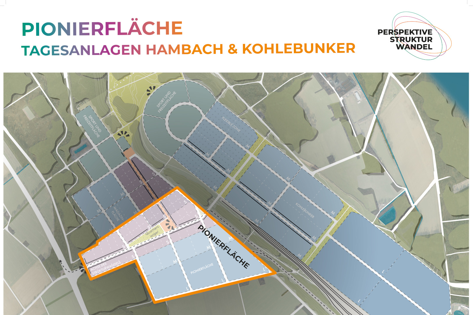 Eine Karte, die die Pionierfläche im Hambach zeigt und verschiedene Einrichtungen sowie Layouts hervorhebt.