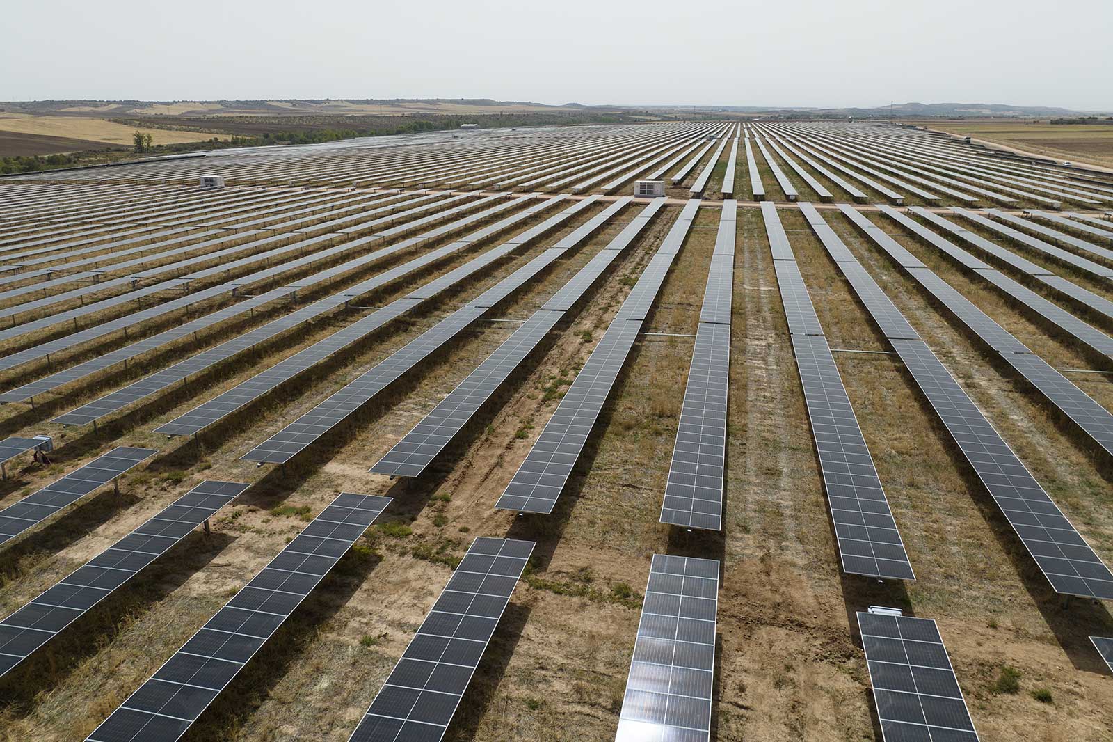 Aerial view of a vast solar farm with rows of solar panels aligned in fields under a clear sky.