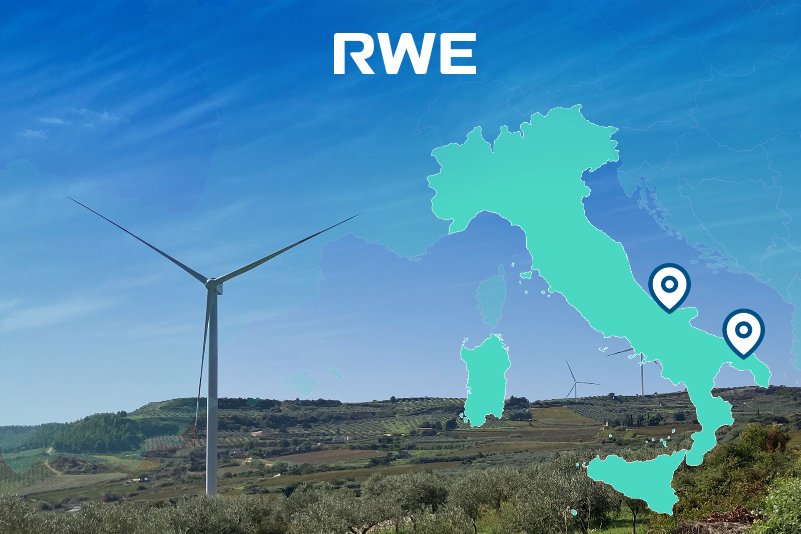 A wind turbine in the foreground with an outline map of Italy, indicating specific locations.
