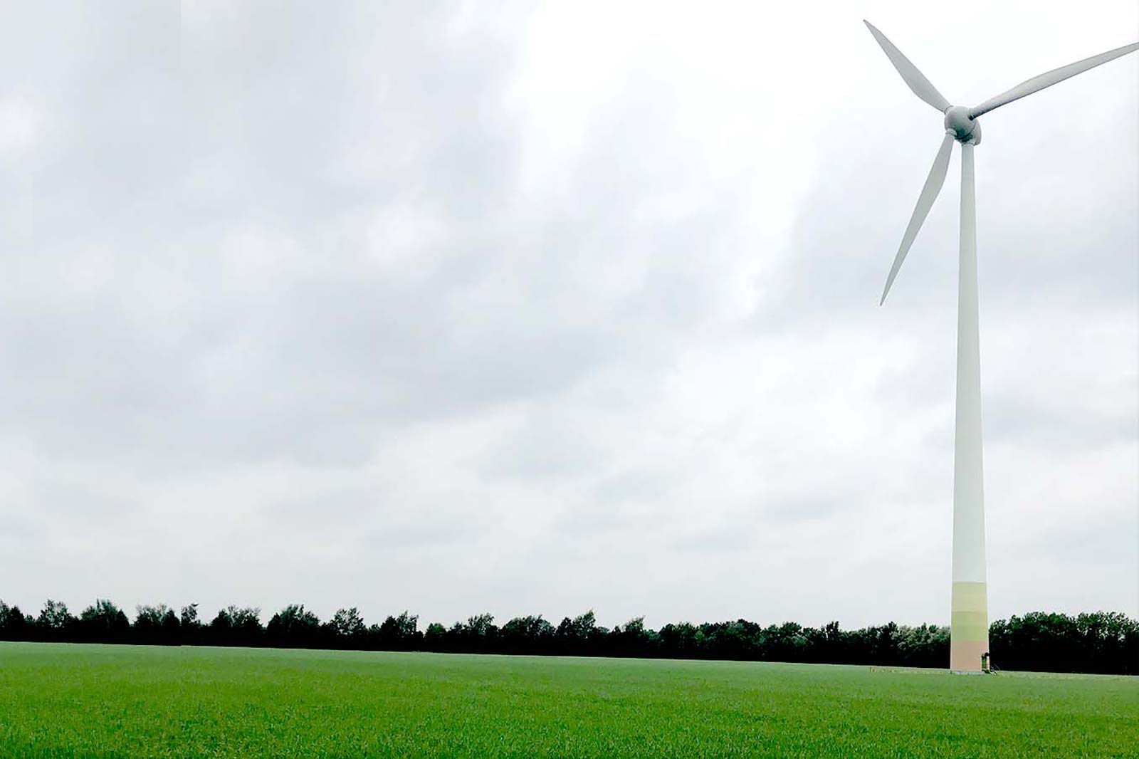 A wind turbine stands in a green field under a cloudy sky, surrounded by trees in the background.