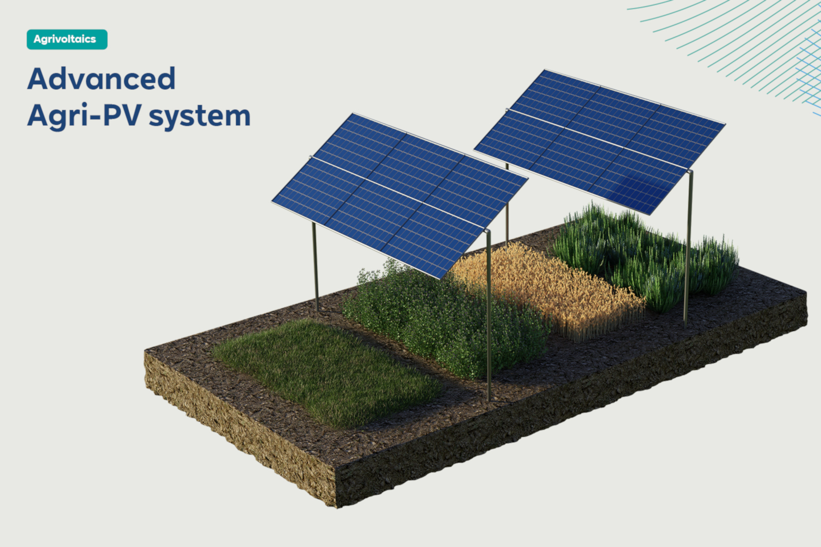 A model of an advanced Agri-PV system featuring two solar panels over diverse crops including greenery and wheat.