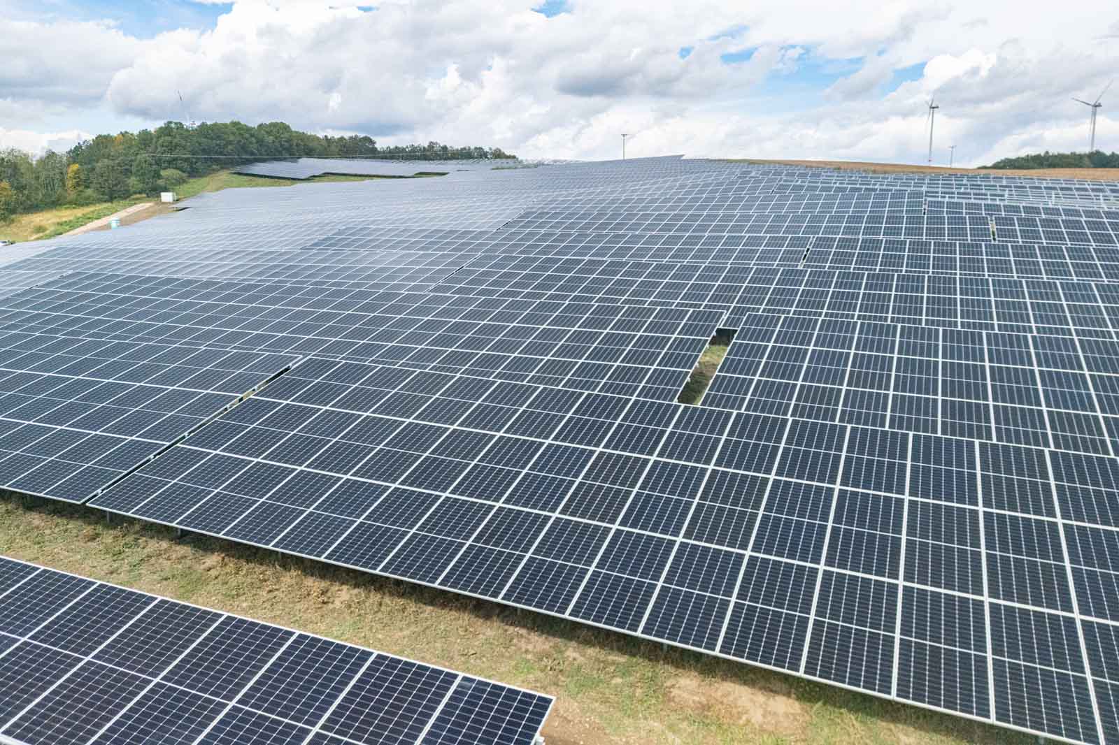 Eine große Fläche mit Solarpanels, die in einem hügeligen Gelände installiert sind, umgeben von Bäumen und einem blauen Himmel.