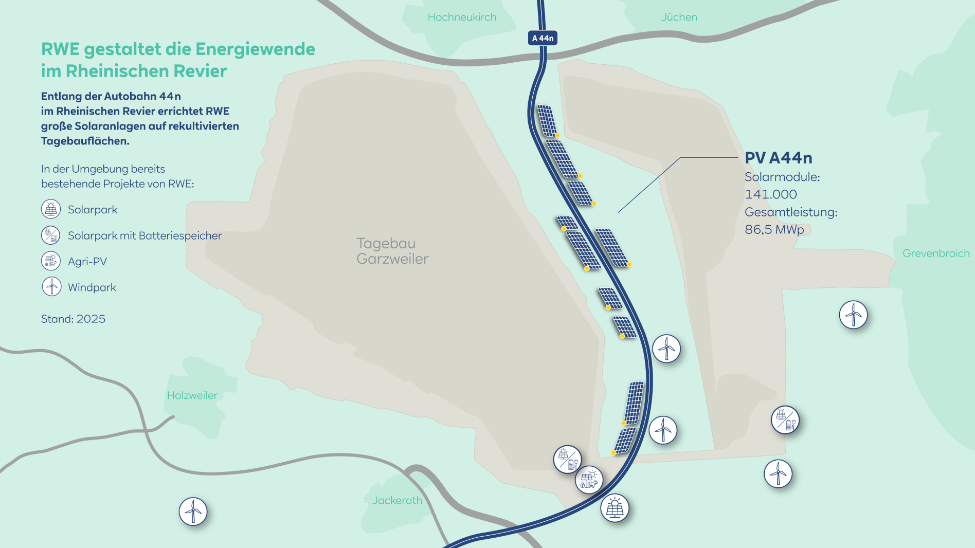 Eine Karte, die die Solarprojekte von RWE entlang der A44n zeigt, einschließlich Solarparks und Windkraftanlagen im Rheinischen Revier.