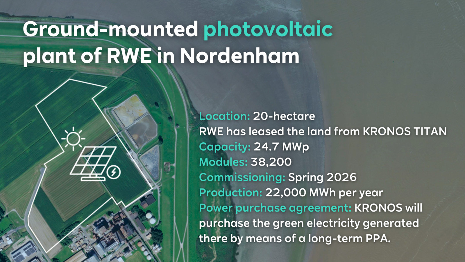 An aerial view of a ground-mounted photovoltaic plant of RWE in Nordenham showing solar panels and green fields.