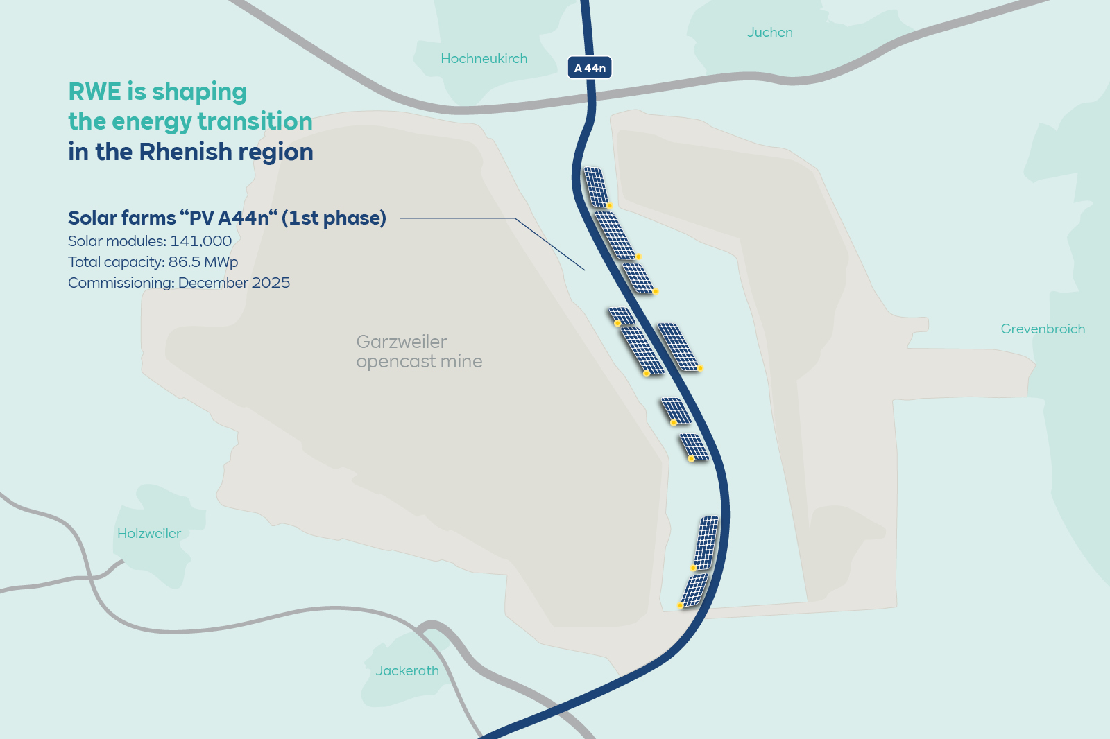 A map illustrating RWE's solar farms in the Rhenish region, showing solar modules and the Garzweiler opencast mine.