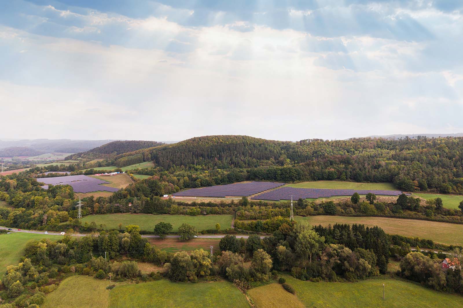 Grüne Wiesen und Baumgruppen im Vordergrund führen zu hügeligen Feldern mit dunkelvioletten rechteckigen Flächen und bewaldeten Kuppen unter einem hellen Himmel mit Sonnenstrahlen.