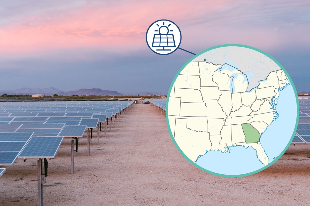 A solar farm with numerous solar panels under a pink sky, alongside a map highlighting South Carolina.
