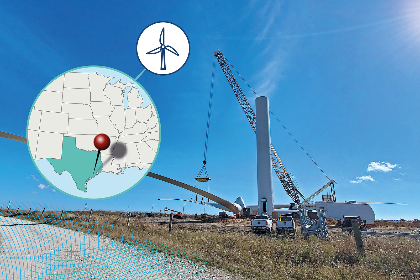 A wind turbine is being assembled with a crane, set against a blue sky and a map inset of Texas.