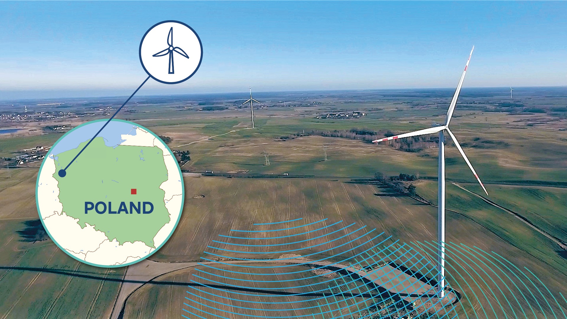 A wind turbine in Poland, surrounded by fields and under a blue sky, with a map marker.