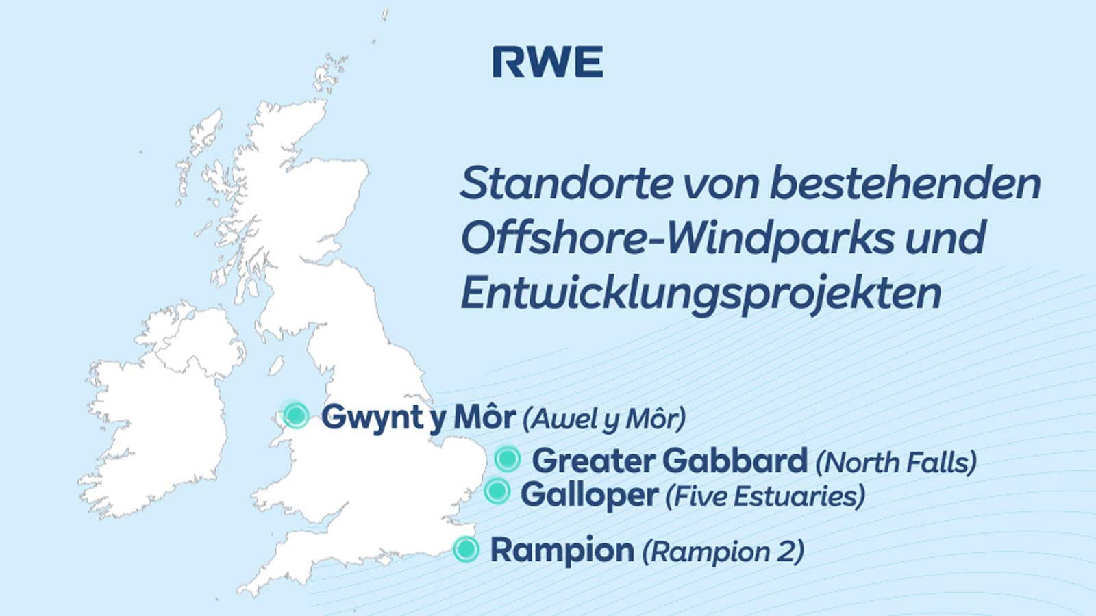 Karte mit Standorten von bestehenden Offshore-Windparks und Entwicklungsprojekten im Vereinigten Königreich von RWE.