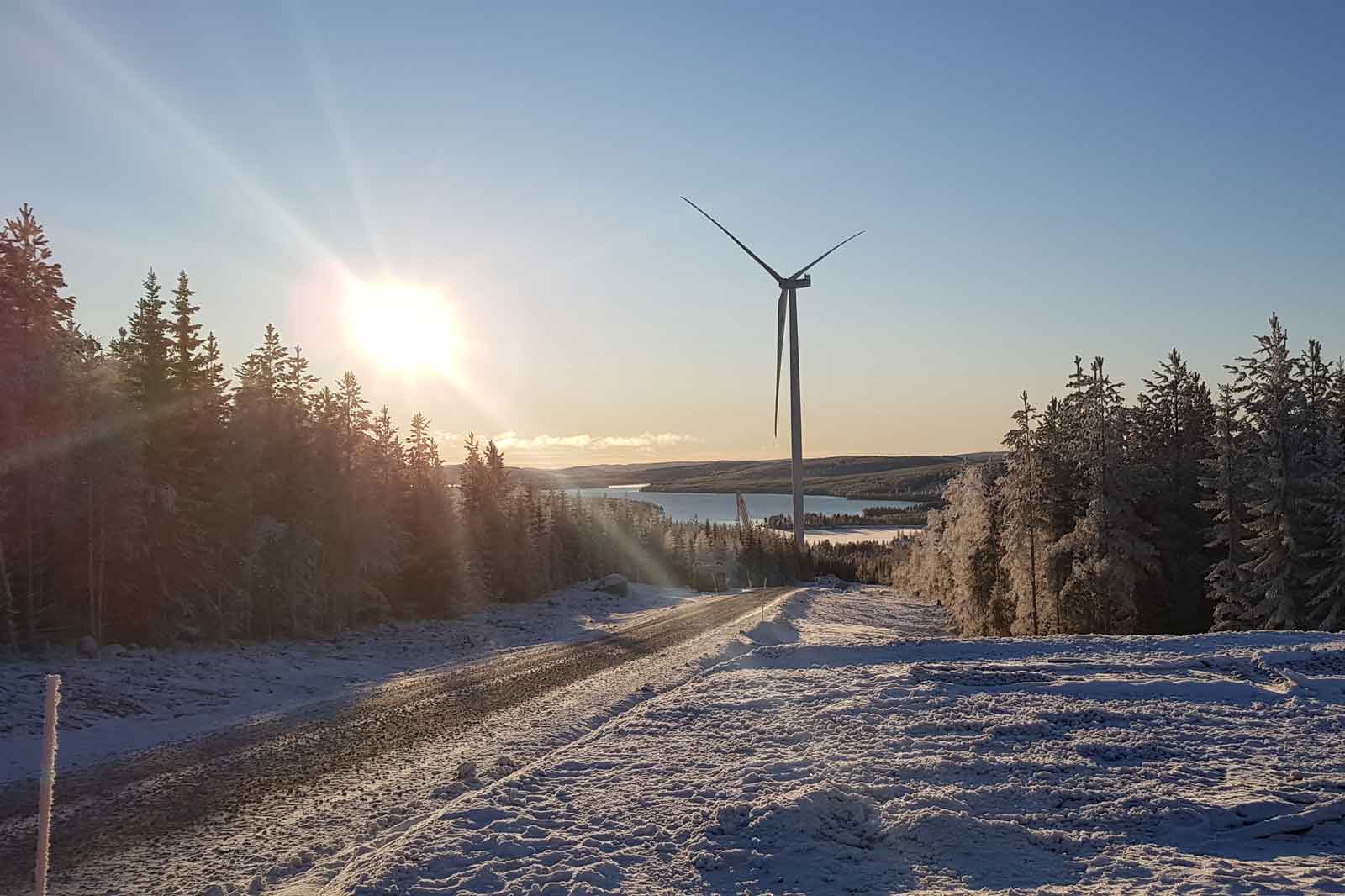Eine Windkraftanlage steht in einer verschneiten Landschaft, mit Bäumen und einem sonnigen Himmel im Hintergrund, der natürliche Schönheit widerspiegelt.