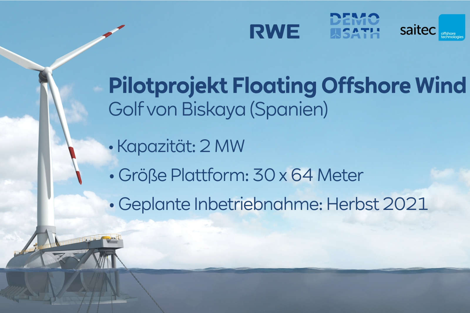 Ein Bild, das ein schwimmendes Offshore-Windkraftprojekt im Golf von Biskaya, Spanien, mit Projektdetails zeigt.
