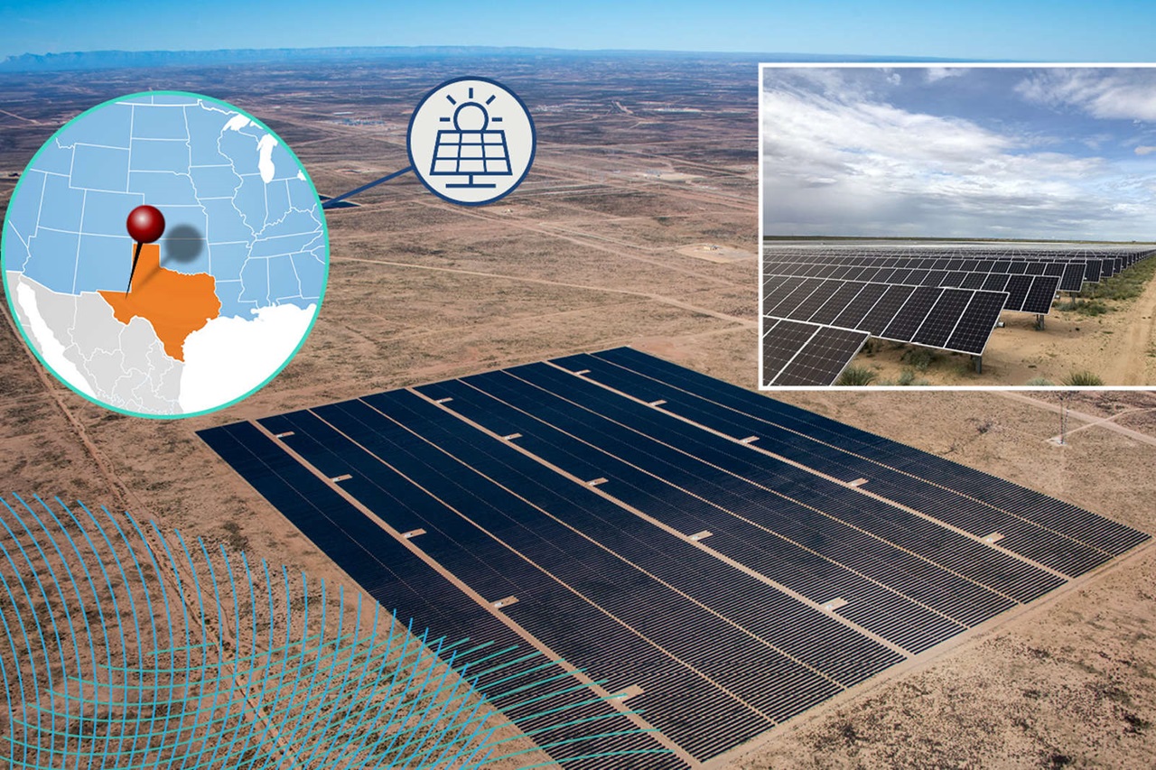 A large solar farm in Texas, surrounded by desert. An inset shows a close-up of the solar panels.