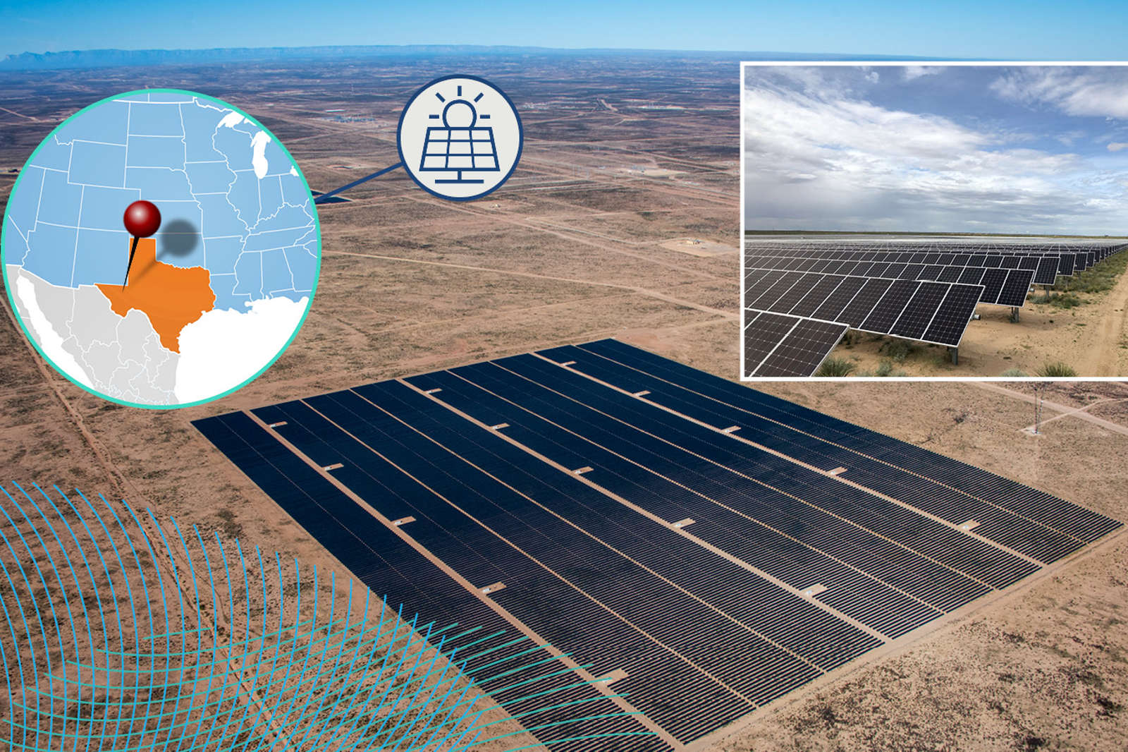 Eine große Solaranlage in Texas, umgeben von Wüste. Ein Bildausschnitt zeigt eine Nahaufnahme der Solarpanels.