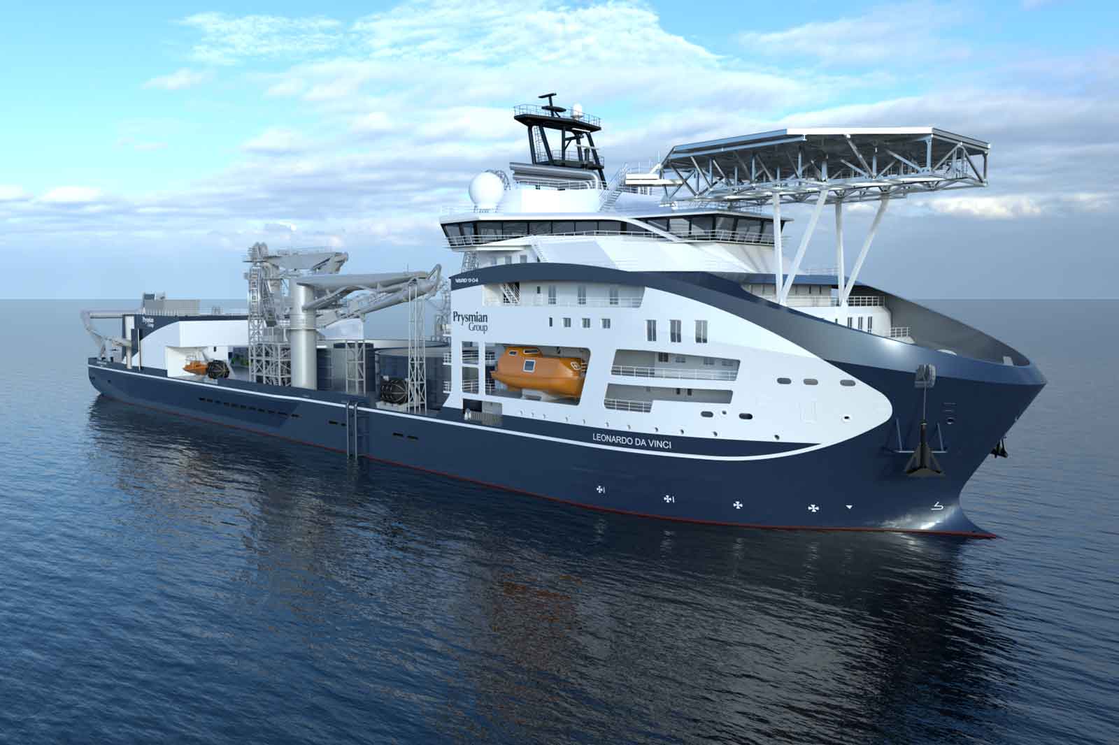 A modern research vessel named Leonardo da Vinci, featuring advanced equipment, cruising on calm blue waters under a cloudy sky.