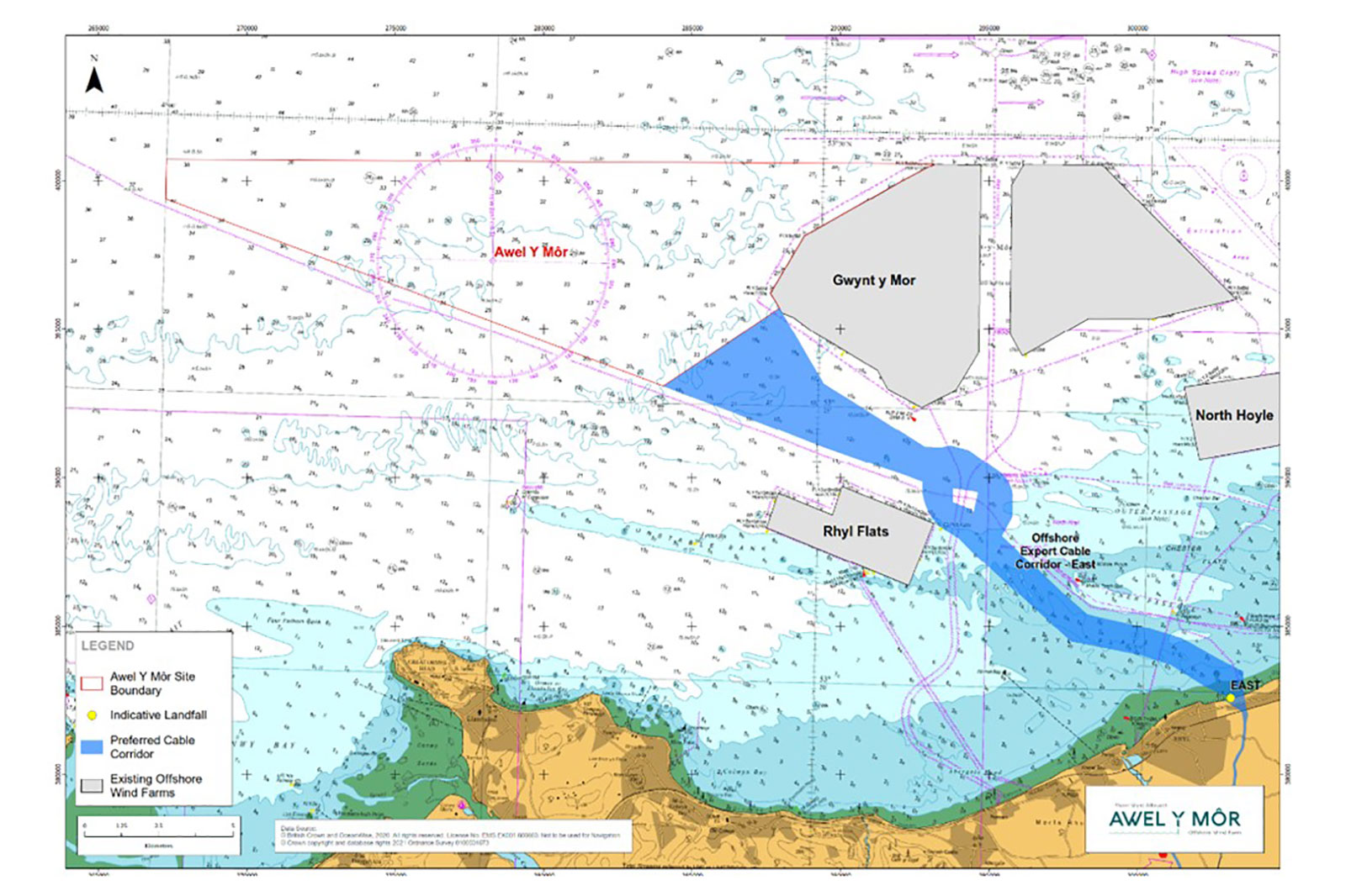 A detailed nautical map showing the Awel Y Môr site, surrounding areas, and offshore wind farms near Rhyl Flats.