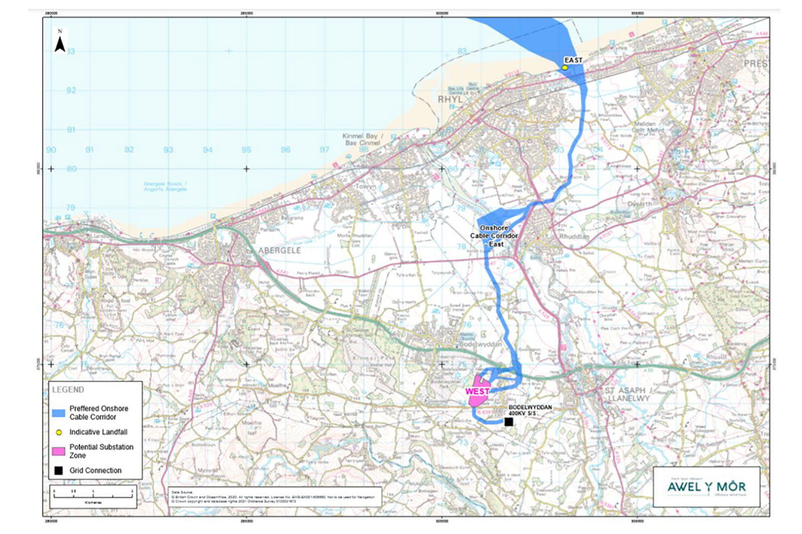 Map showing the preferred onshore cable corridor and potential substation zone near Rhyl and Abergele.