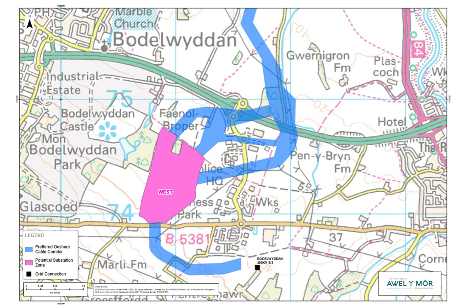 A map detailing Bodelwyddan, showing cable corridors and potential substations in blue and pink.