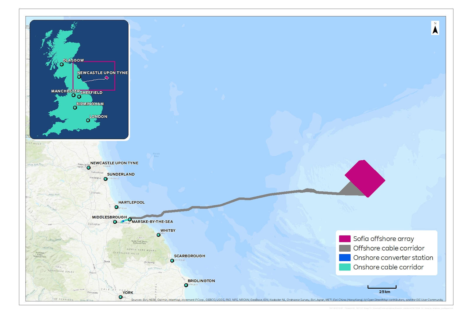 Map showing the Sofia Offshore Array and cable corridors in the North Sea, along with key cities in the UK.