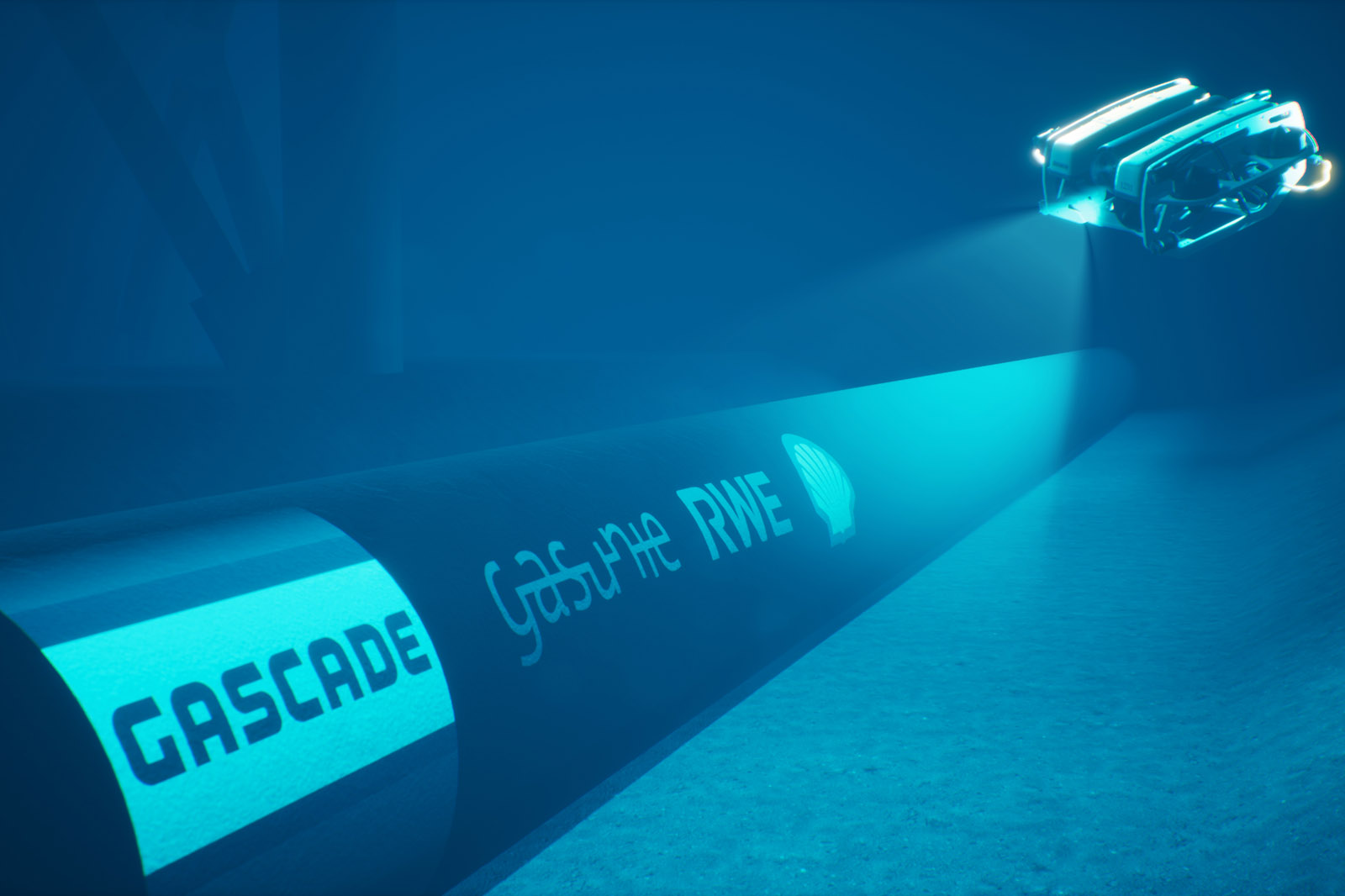 Unterwasseransicht einer Pipeline mit der Aufschrift Gascade, beleuchtet von einem kleinen Unterwasserfahrzeug.