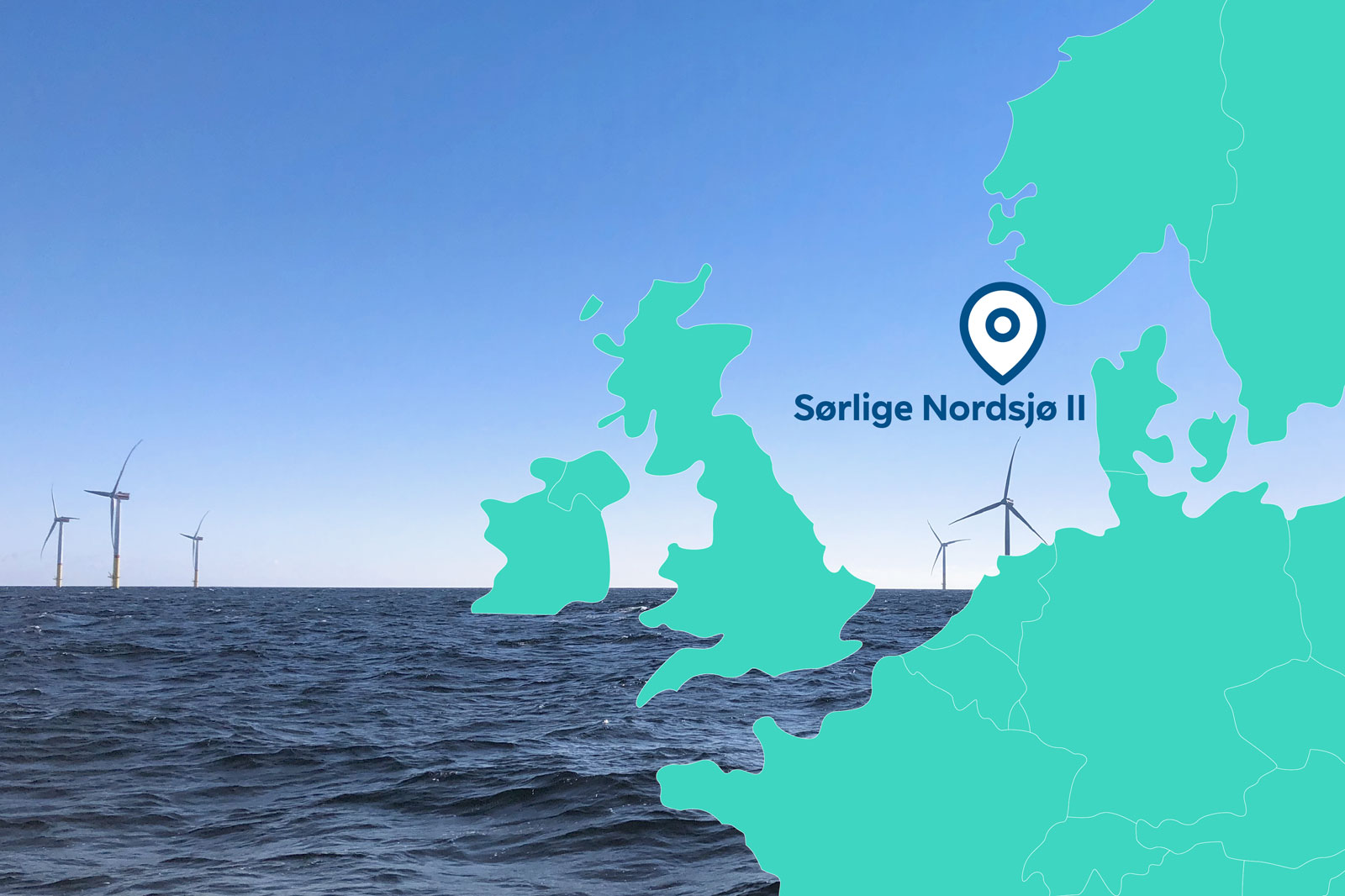 A coastal scene featuring several wind turbines in the background, with a map overlay indicating Sørlige Nordsjø II.