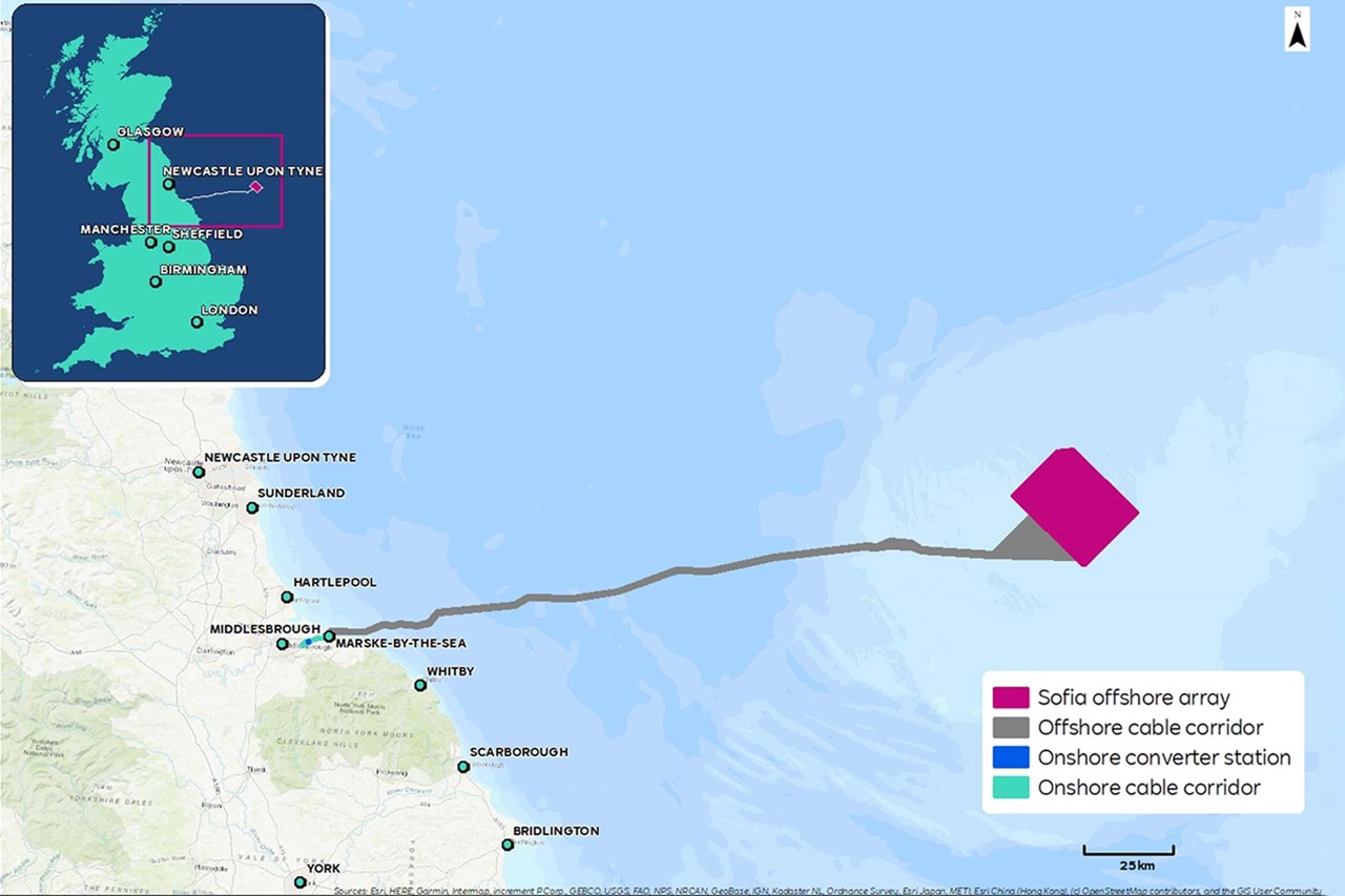Karte, die das Sofia-Offshore-Array und die zugehörigen Korridore in der Nähe von Newcastle upon Tyne, Großbritannien, zeigt.