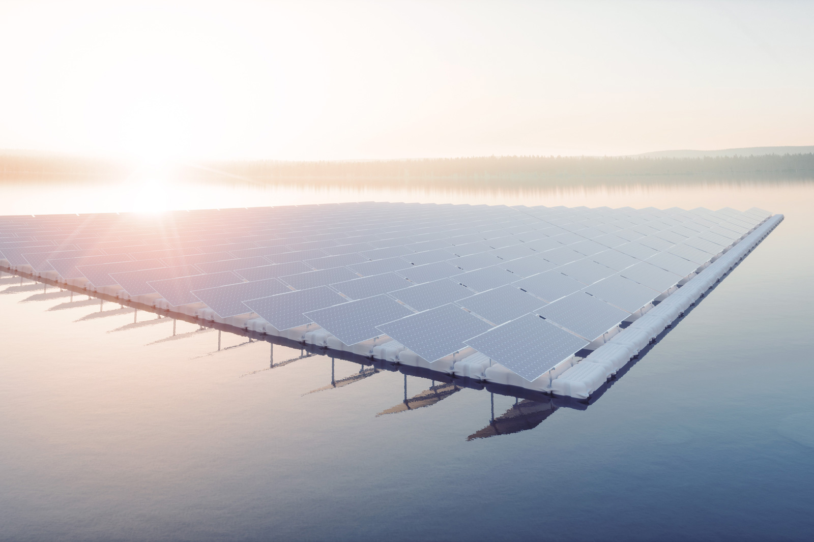 Schwimmende Solarpanels auf einem ruhigen Gewässer bei Sonnenaufgang, umgeben von Nebel.