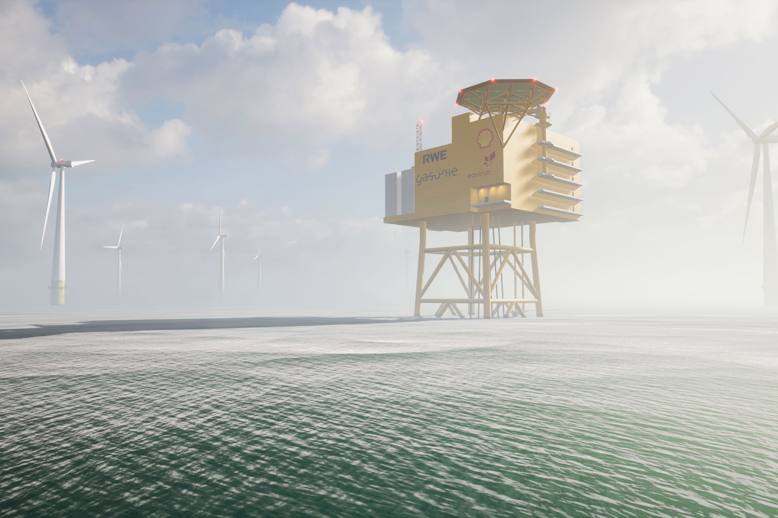 An offshore platform with wind turbines in the background, surrounded by light mist and a calm water surface.