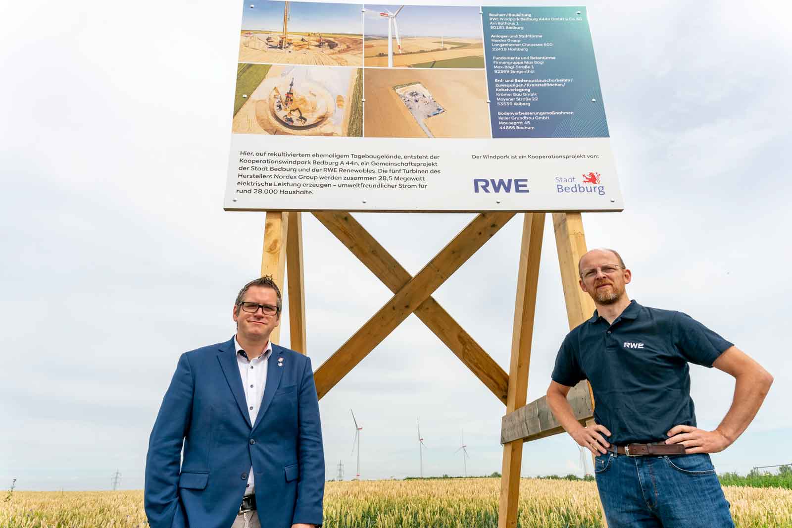 Zwei Personen stehen vor einem Projekt-Informationsschild über einen Windpark in Bedburg, umgeben von Feldern und Windrädern.