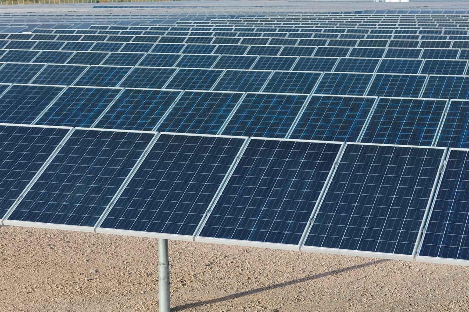 A close-up view of numerous blue solar panels arranged in rows on a gravel surface, reflecting sunlight.