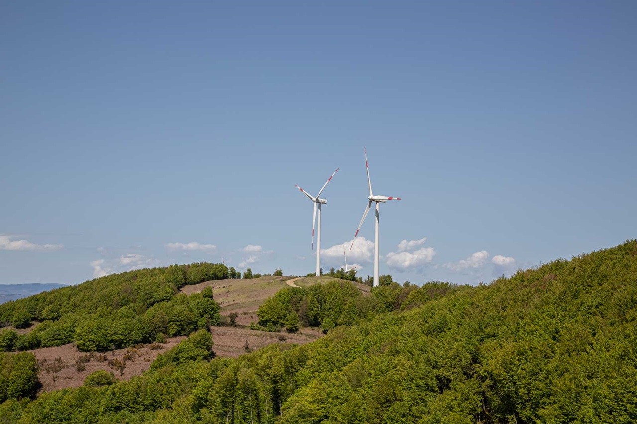 Zwei Windkraftanlagen stehen auf einem Hügel in einer bewaldeten Landschaft unter einem blauen Himmel.