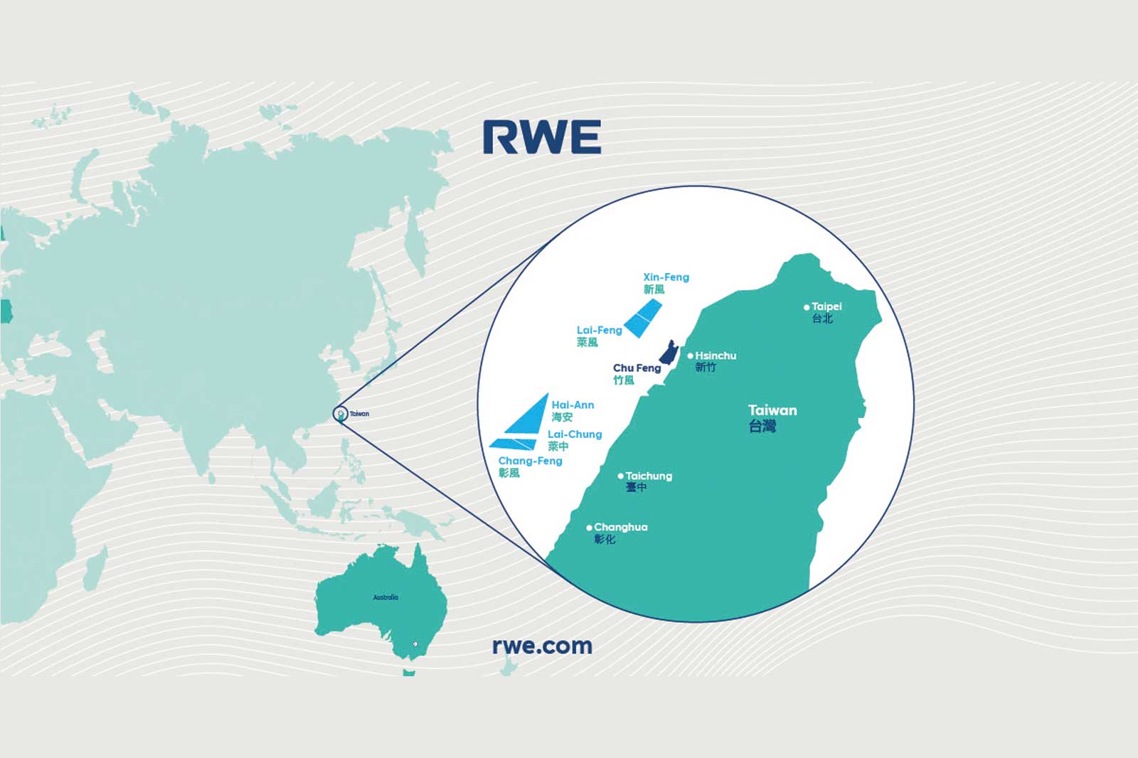 Eine Karte, die Taiwan mit wichtigen Orten und dem RWE-Logo hervorhebt, zeigt angrenzende Regionen in einem hellen Türkis.
