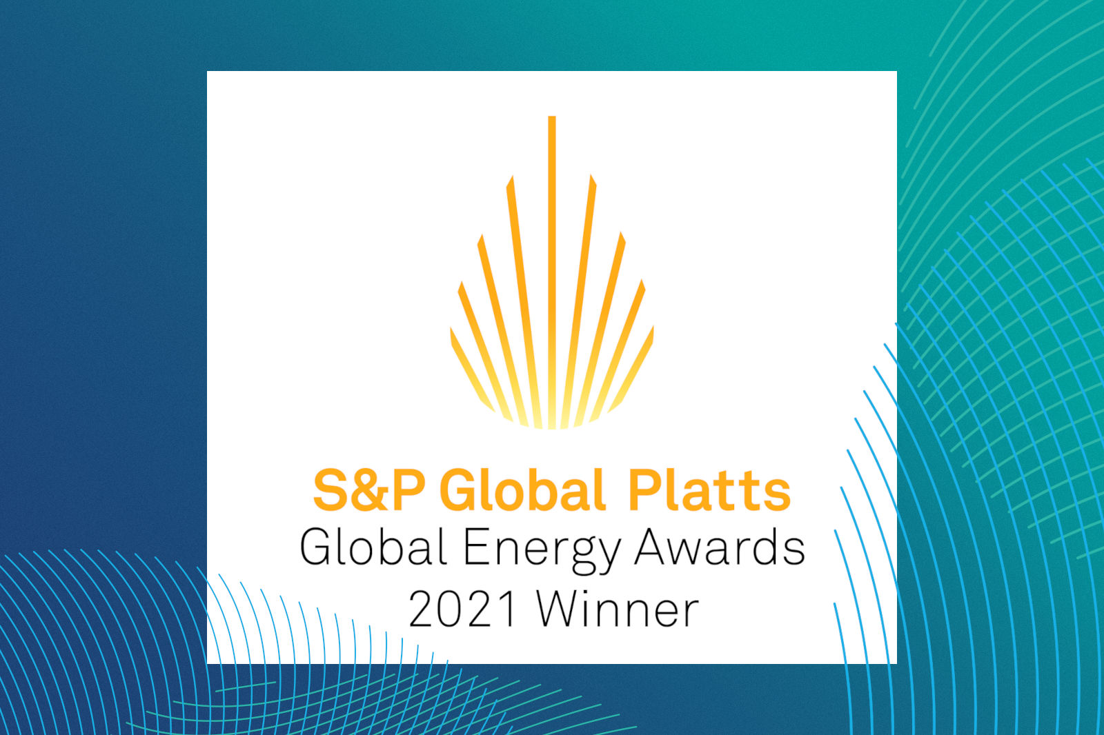 S&P Global Platts Global Energy Awards 2021 Winner logo with a yellow icon on a gradient background.