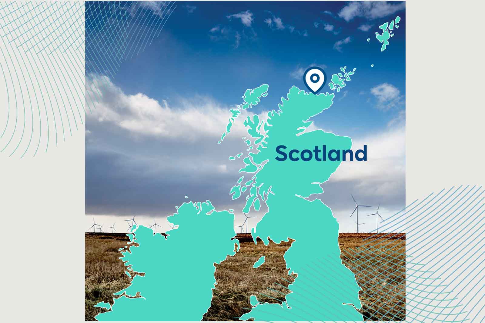 A map of Scotland with a blue marker indicating location and wind turbines in the background under a cloudy sky.