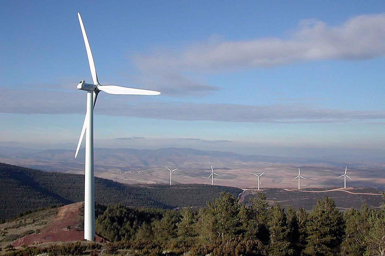A single wind turbine on a hill, surrounded by trees and additional wind turbines in the background.