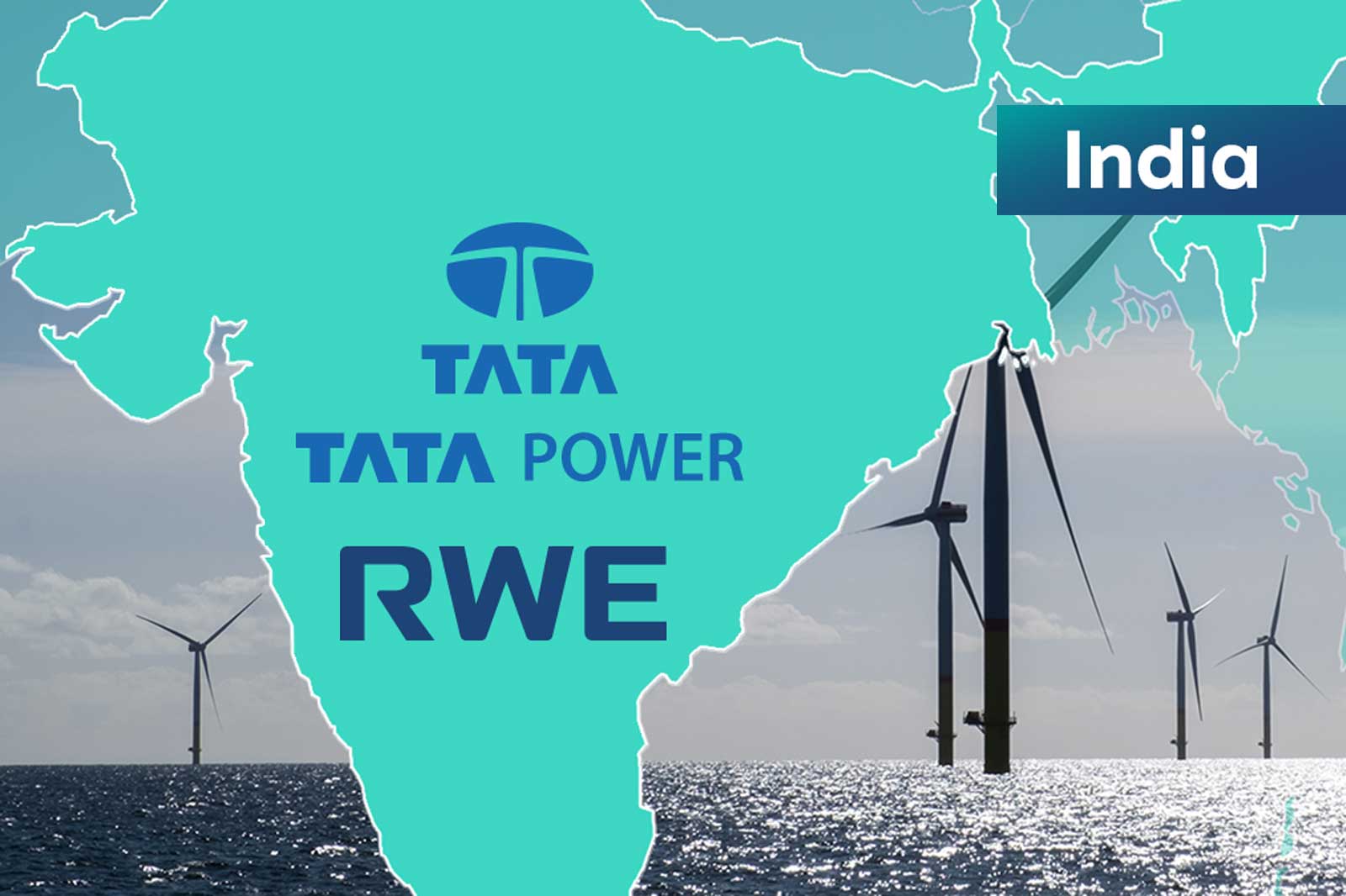 A silhouetted map of India overlaid with logos of Tata, Tata Power, and RWE, alongside offshore wind turbines in the ocean.