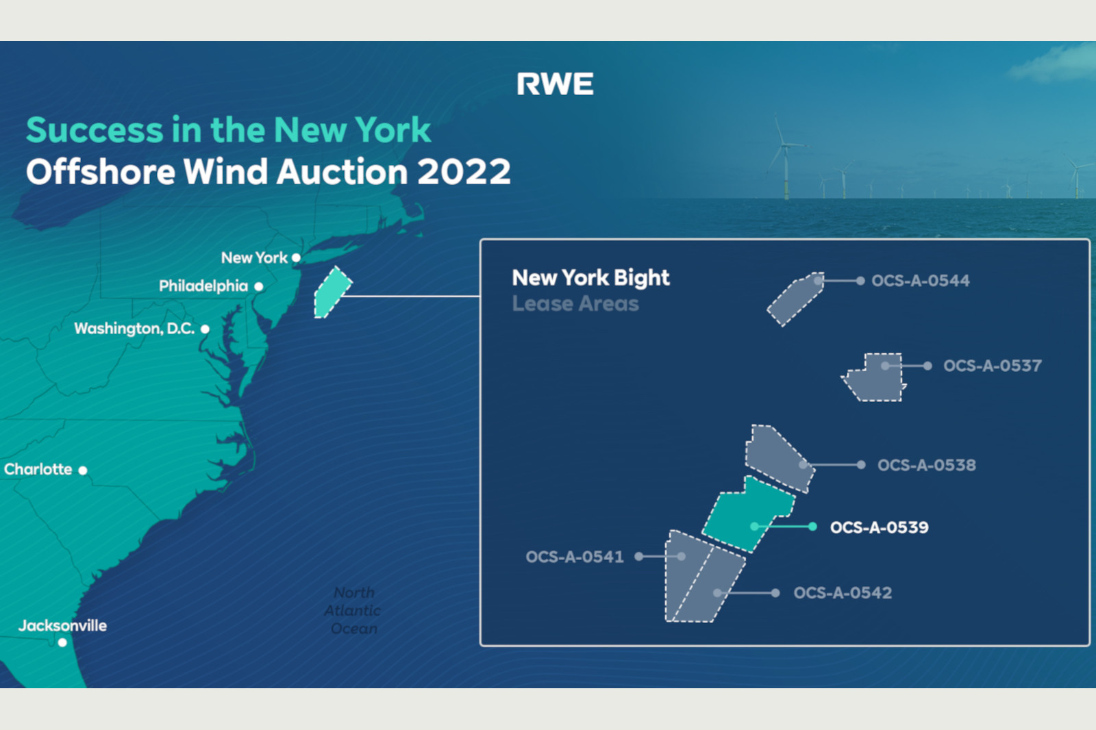 Karte der Lease Areas für Offshore-Windanlagen im New York Bight, neben Hauptstädten im Nordosten der USA.